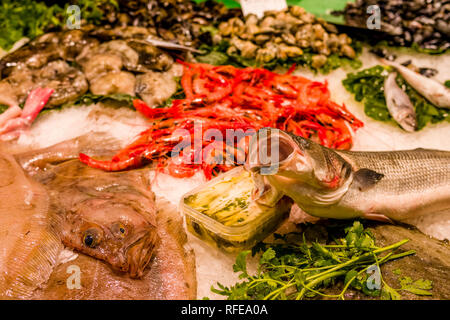 Verschiedene Sorten frischen Fisch und Garnelen sind innerhalb des Mercat de la Llibertat im Stadtteil Vila de Gràcia verkauft Stockfoto