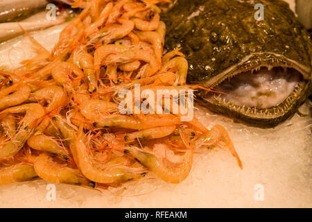 Verschiedene Sorten frischen Fisch und Garnelen sind innerhalb des Mercat de la Llibertat im Stadtteil Vila de Gràcia verkauft Stockfoto