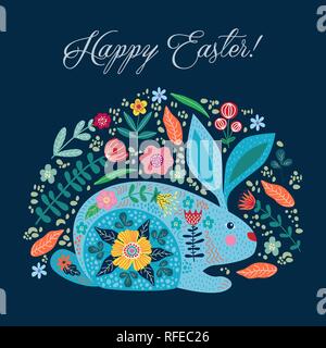 Frohe Ostern. Cartoon cute folk Kaninchen mit Blumen und Text. Vector Illustration Stock Vektor