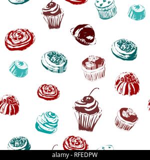 Nahtlose Muster mit Kuchen und Gebäck. Von Hand gezeichnet. Vector Illustration Stock Vektor