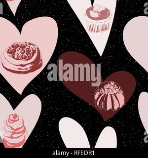 Nahtlose Muster mit Kuchen, grunge Punkte und Herzen. Von Hand gezeichnet. Vector Illustration Stock Vektor
