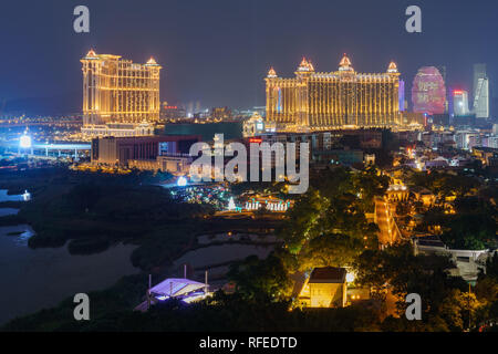 Nacht Luftbild der Galaxy Macau von Taipa Grande Stockfoto