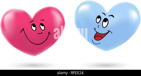 Rote und Blaue Herzen mit Emotionen auf dem Gesicht. Symbol für Romantik, Liebe, Leidenschaft, Hochzeit. Design Element für Valentinstag, Urlaub oder Gruß, decorat Stock Vektor