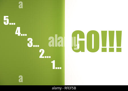 54321 gehen Countdown inspirational Anführungsstrich, Motivations-Satz, starten Sie die Aufgabe, Inspiration zur Aktion Stockfoto