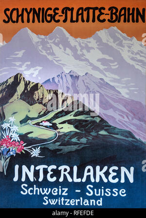 Schweiz, Alpen, Berner Oberland, Frühling. Wilderswil, Schynige Platte. Jahrgang Tourismus Promotion Poster. Stockfoto