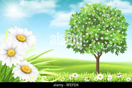 Landschaft mit Daisy im Vordergrund und Baum auf dem Hintergrund der Hügel. Frühjahr Land anzeigen. Stock Vektor