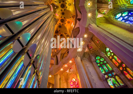 Orgelpfeifen und Licht im Inneren der Kirche Sagrada Familia, Antoni Gaudis berühmtesten Werk überschwemmt, noch im Bau, die 2026 abgeschlossen werden Stockfoto
