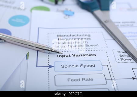 Foto von Büroklammer, Schere und Stift auf das finanzielle Aus. Stockfoto