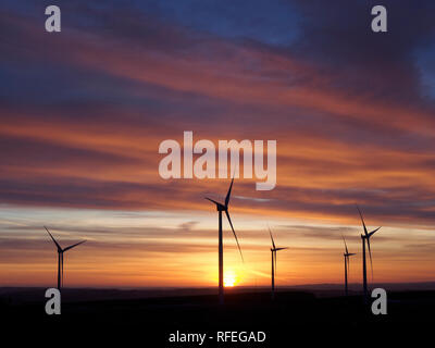 Windpark in der Morgendämmerung, Monynut Kante, Lammermuir Hills in der Nähe von Dunbar, Schottland Stockfoto