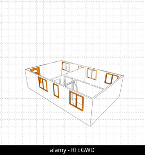 3D-Illustration Zeichnung von leeren Startseite Ferienwohnung mit orange Windows Stockfoto