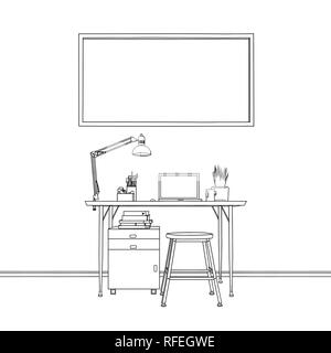 Skizze Abbildung Federzeichnung der Arbeit Desktop mit Laptop und leeren rechteckigen Rahmen an der Wand Stockfoto