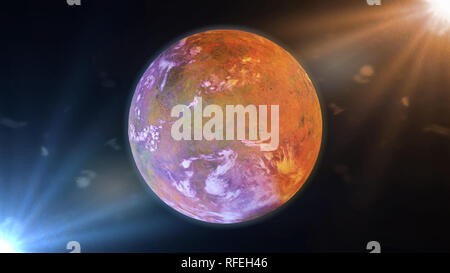 Schöne Exoplanet, Teil einer fremden Doppelsternsystem, fremden Planeten beleuchtet durch zwei Sterne (3d-Abbildung) Stockfoto