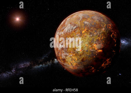 Alien lava Planet mit Monde von einem hellen Stern und die Milchstraße beleuchtet Stockfoto