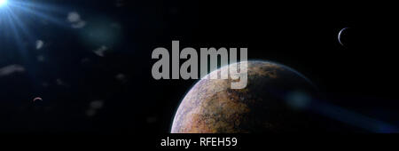 Schönen Fremden Planeten und Monde beleuchtet durch einen hellen Stern (3d-render Banner) Stockfoto