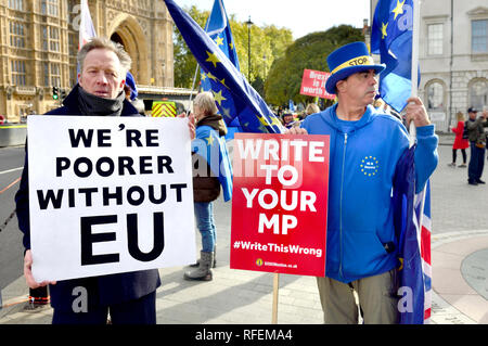 Steve Bray, anti-Brexit proteseter und Gründer von sodem (Stand der Missachtung der Europäischen Bewegung) auf seinem täglichen Protest außerhalb der Häuser des Parlaments - Stockfoto