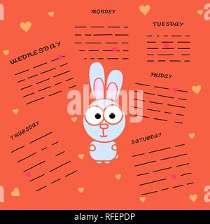 Kaninchen mit einem Bereich für die Aufzeichnung auf orangem Hintergrund. Segelflugzeug mit Tage der Woche. Cartoon Kaninchen mit Herzen. Hase mit großen Augen. Cute Wild Stock Vektor