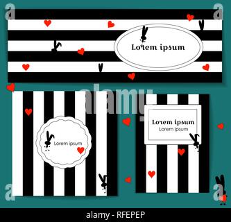 Vorlage mit Silhouette Kaninchen und roten Herzen. schwarz-weiß gestreiften Hintergrund. Valentines Tag. Für Medien post, Drucken, Flyer. Dekoration Stock Vektor