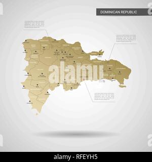 Stylized vector Dominikanische Republik Karte. Infografik 3d Gold Karte Abbildung mit Städten, Ländergrenzen, Kapital, administrative divisions und Zeiger markieren Stock Vektor