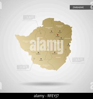 Stylized vector Simbabwe Karte. Infografik 3d Gold Karte Abbildung mit Städten, Ländergrenzen, Kapital, administrative divisions und Zeiger markiert, Schatten; Stock Vektor