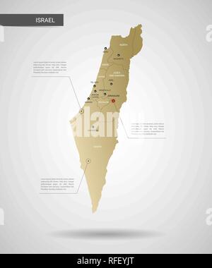 Stylized vector Israel Karte. Infografik 3d Gold Karte Abbildung mit Städten, Ländergrenzen, Kapital, administrative divisions und Zeiger markiert, Schatten; g Stock Vektor