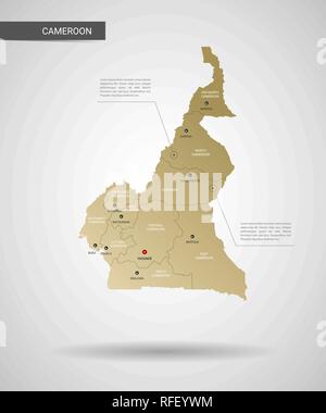 Stylized vector Kamerun Karte. Infografik 3d Gold Karte Abbildung mit Städten, Ländergrenzen, Kapital, administrative divisions und Zeiger markiert, Schatten; Stock Vektor