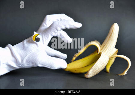 Lustige Foto von einer Hand Tragen eines weißen Handschuh mit Augen, die versuchen, eine Banane zu fangen Stockfoto