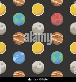Nahtlose raum Muster mit unterschiedlichen bunten Cartoon Stil Planeten einschließlich der Erde, Mars, Jupiter und der Sonne auf dunklen schwarzen Hintergrund Stockfoto