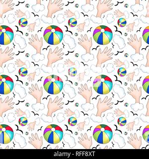 Verpackung Papier, Tapeten, nahtlose Muster, bunten beach ball, Hände, Wolken und Vögel, Hintergrund weiß, Deutschland Stockfoto