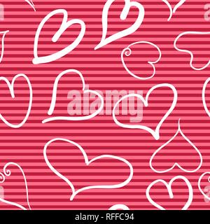 Zusammenfassung nahtlose Muster mit Herzen und rot gestreiften Hintergrund. Valentine Herzen mit der Hand zeichnet. Vector Illustration Stock Vektor