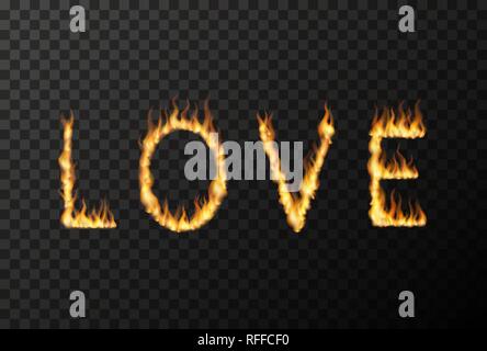 Liebe Wort aus hellen Feuer flammen Buchstaben auf transparentem Hintergrund Stock Vektor