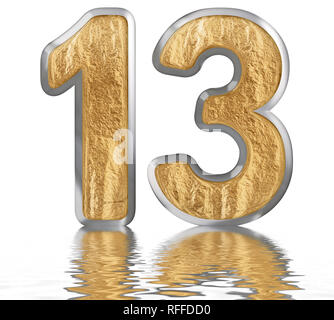 Ziffern 13, 13, auf der Wasseroberfläche reflektiert, auf Weiß, 3D-Render isoliert Stockfoto