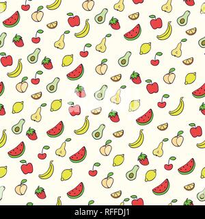 Doodle Abbildung von Früchten. Nahtlose Muster mit Früchten. Hand gezeichnet Vector Illustration im Cartoon Stil. Apfel, Banane, Melone, Pfirsich, s Stock Vektor
