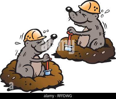 Cartoon Vector Abbildung von zwei Maulwurf gräbt Löcher im Boden Stock Vektor