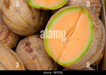 Bündel von organischen Melonen, und ein in der Hälfte zeigt seine orange Fleisch, auf Verkauf am Wochenmarkt in Serbien angezeigt, Detail Stockfoto