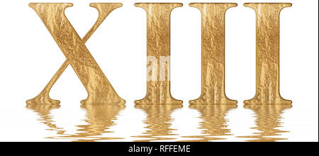 Römische Ziffer XIII, Tredecim, 13, 13, im Wasser spiegeln Oberfläche, isoliert auf weiß, 3d Rendern Stockfoto