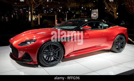 Brüssel - Jan 18, 2019: Aston Martin DBS Superleggera Sport Auto präsentiert an der 97th Brüsseler Motor Show 2019 Autosalon. Stockfoto