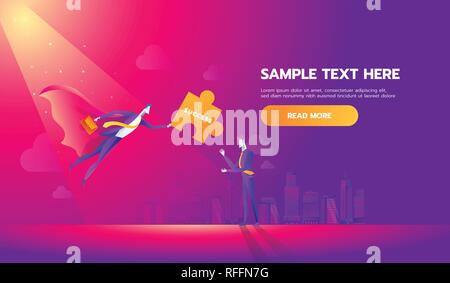 Business Mann, der Erfolg puzzle Stücke. Die Metapher eines Joint Venture, Partnerschaft oder Teamarbeit. Flat Style Vector Illustration. Stock Vektor