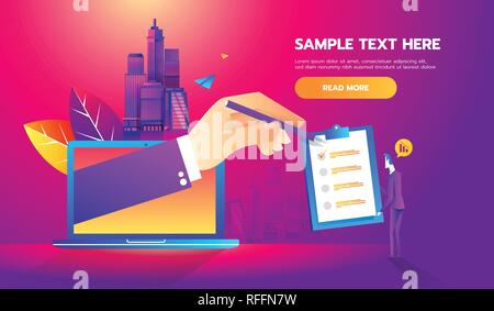 Business mann Partnerschaft Anfang. Partner online unterzeichnen Vertrag schließen. Moderne Wohnung Stil dünne Linie vektor Illustration. Stock Vektor