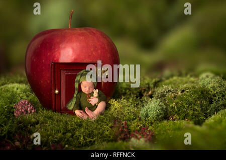 Niedliches kleines neugeborenes Baby gekleidet, wie eine kleine grüne Gnome schlafend vor einem roten Apfel Haus sitzt Stockfoto