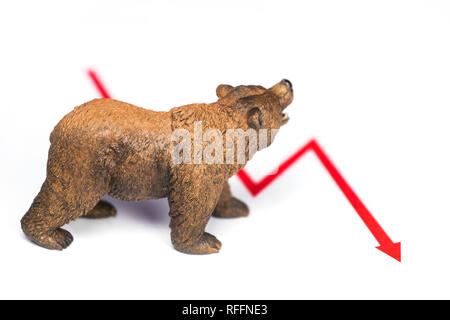 Stock Crash mit roten Diagramm gezogen und Bär Bild auf weißem Hintergrund. Bearish Markt Konzept. Stockfoto