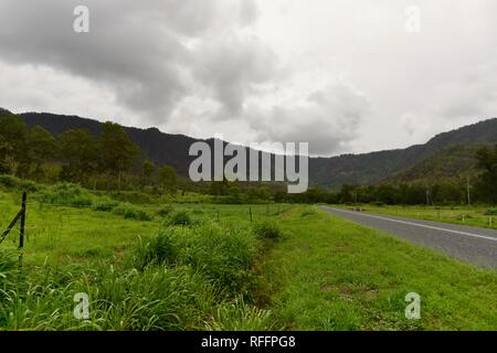 Szenen aus dem Laufwerk, bis die Mackay Eungella Straße nach dem 2018 Eungella Buschfeuer, Queensland, Australien Stockfoto