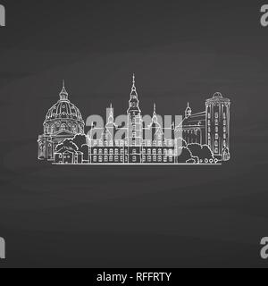 Kopenhagen Dänemark Zeichen auf der Tafel. Digitale Kreide gezeichnet Vektor Skizze auf der Tafel. Europäische Hauptstädte Reiseziele. Stock Vektor