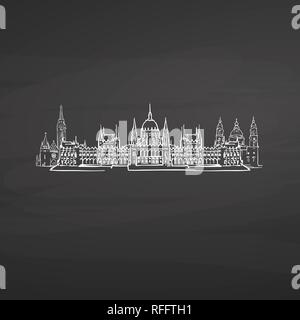 Budapest Ungarn Zeichen auf der Tafel. Digitale Kreide gezeichnet Vektor Skizze auf der Tafel. Europäische Hauptstädte Reiseziele. Stock Vektor