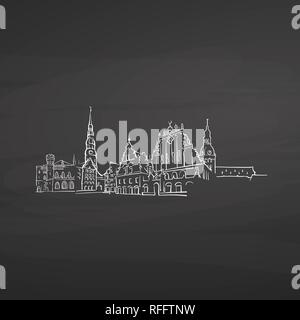 Riga Lettland Zeichen auf der Tafel. Digitale Kreide gezeichnet Vektor Skizze auf der Tafel. Europäische Hauptstädte Reiseziele. Stock Vektor