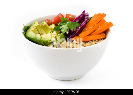 Close up vegan Buddha Schale mit frischen, rohen Gemüse und Quinoa auf weißem Hintergrund. Stockfoto