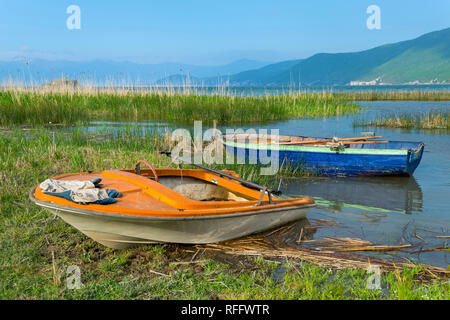 Fischerboote am Seeufer, großen Prespa Prespa See, Nationalpark, Albanien Stockfoto