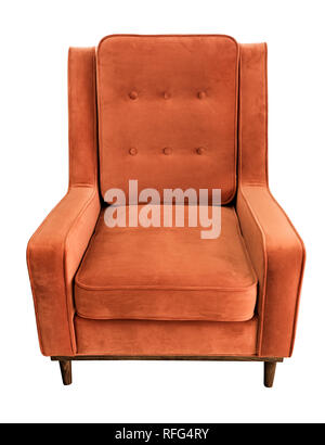 Orange klassische Vintage Style Sessel mit Velour Polster auf weißem Hintergrund. Weiche Nicki-qualität Stuhl. Stockfoto