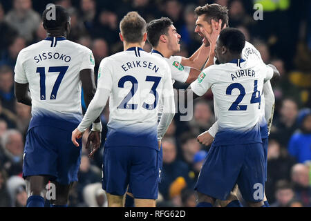 LONDON, UK, 24. Januar Tottenham vorwärts Fernando Llorente feiert sein Ziel mit Tottenham Mittelfeldspieler Harry Winks während der carabao Pokalspiel zwischen dem FC Chelsea und Tottenham Hotspur an der Stamford Bridge, London am Donnerstag, den 24. Januar 2019. (Photo Credit: MI Nachrichten & Sport) Stockfoto