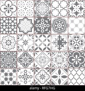 Lissabon geometrische Azulejo Kacheln vector Pattern, Portugiesisch oder Spanisch retro alte Fliesen Mosaik, mediterranen Nahtlose grauen und weißen Design. Stock Vektor