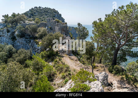 Burgruine Castell d'Alaro im Gebirge der Serra de Tramuntana, Mallorca, Balearen, Spanien | Burgruine Castell d'Alaró, Serra de Tramuntana mounta Stockfoto